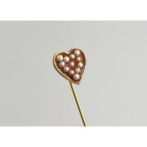 Heart Shaped Faux Pearl Accented Gold T Vintage Stick Pin | Hat Pin | Lapel Pin